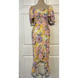 PLT Floral Print Midi Dress High-low Hem‎ Cutout Bodice Pastel Bodycon Size 4
